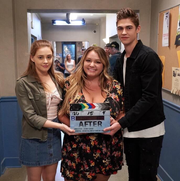 Josephine Langford, Hero Fiennes-Tiffin and Anna Todd on the set of After